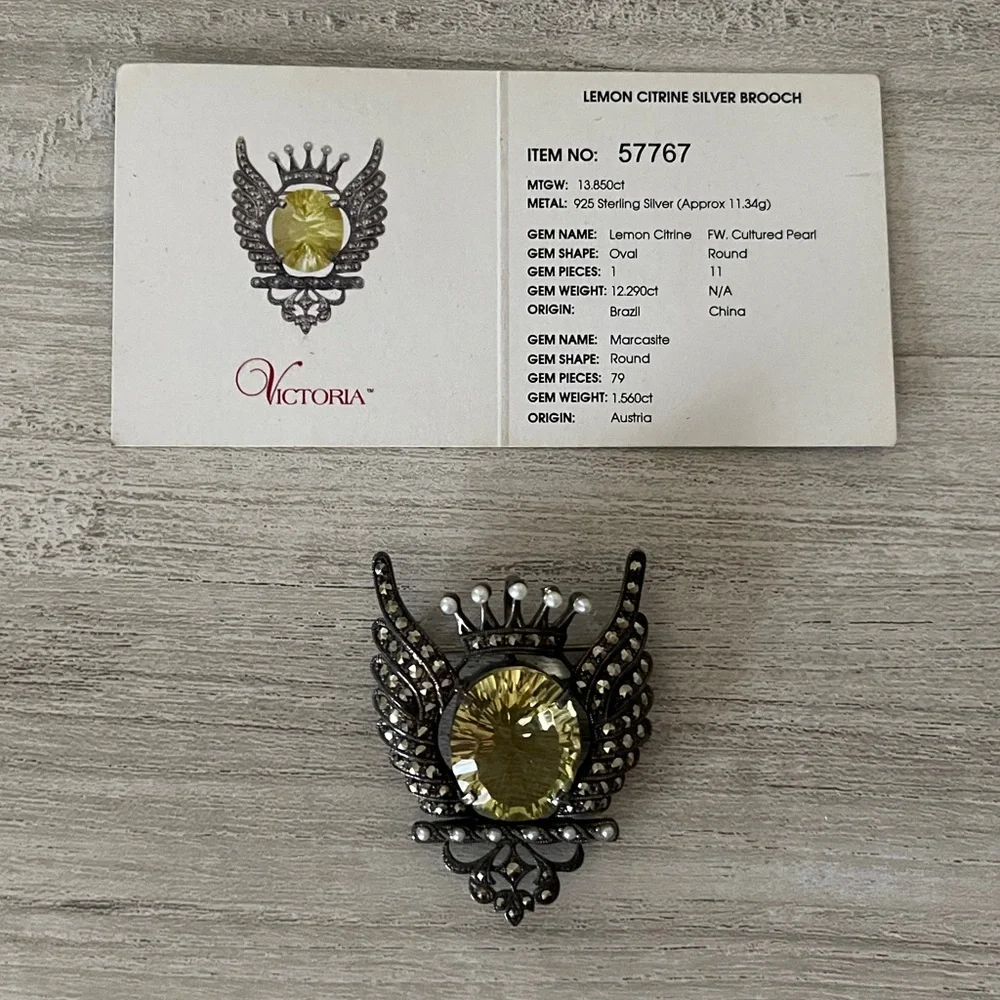 Lemon Citrine Marcasite and Pearl Sterling Silver Brooch - Picture 3 of 8